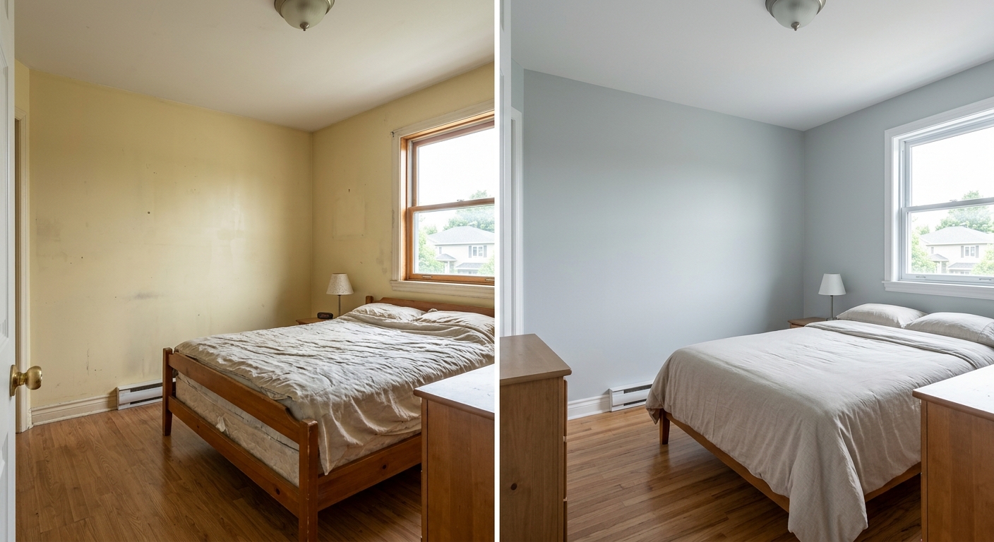 Avant apres peinture chambre Terrebonne couleur douce et moulures propres