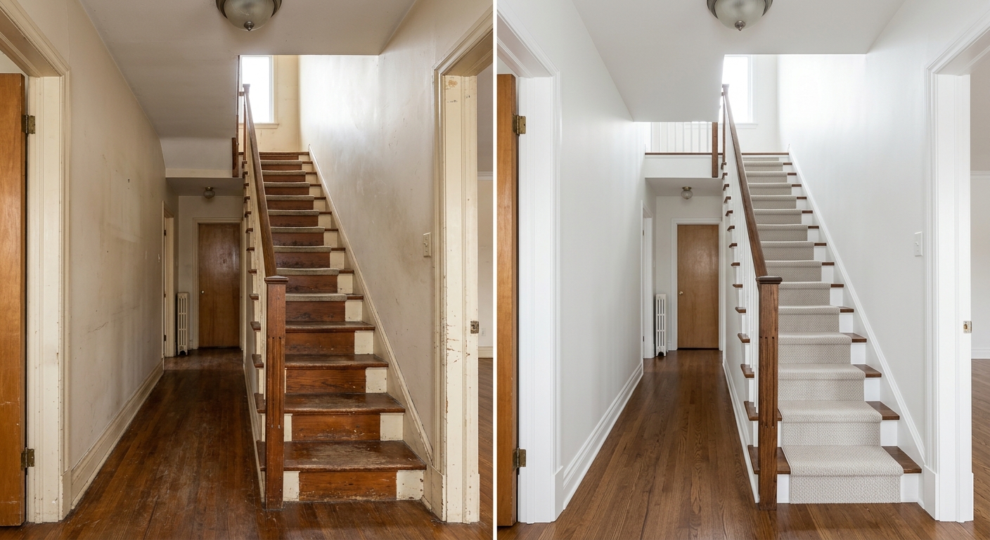 Avant apres peinture couloir et escalier Terrebonne murs blancs propres