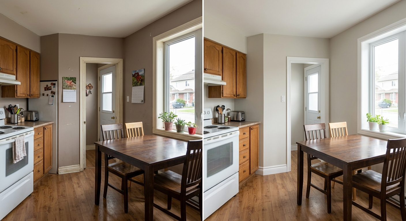 Avant apres peinture cuisine Terrebonne murs greige et boiseries blanches