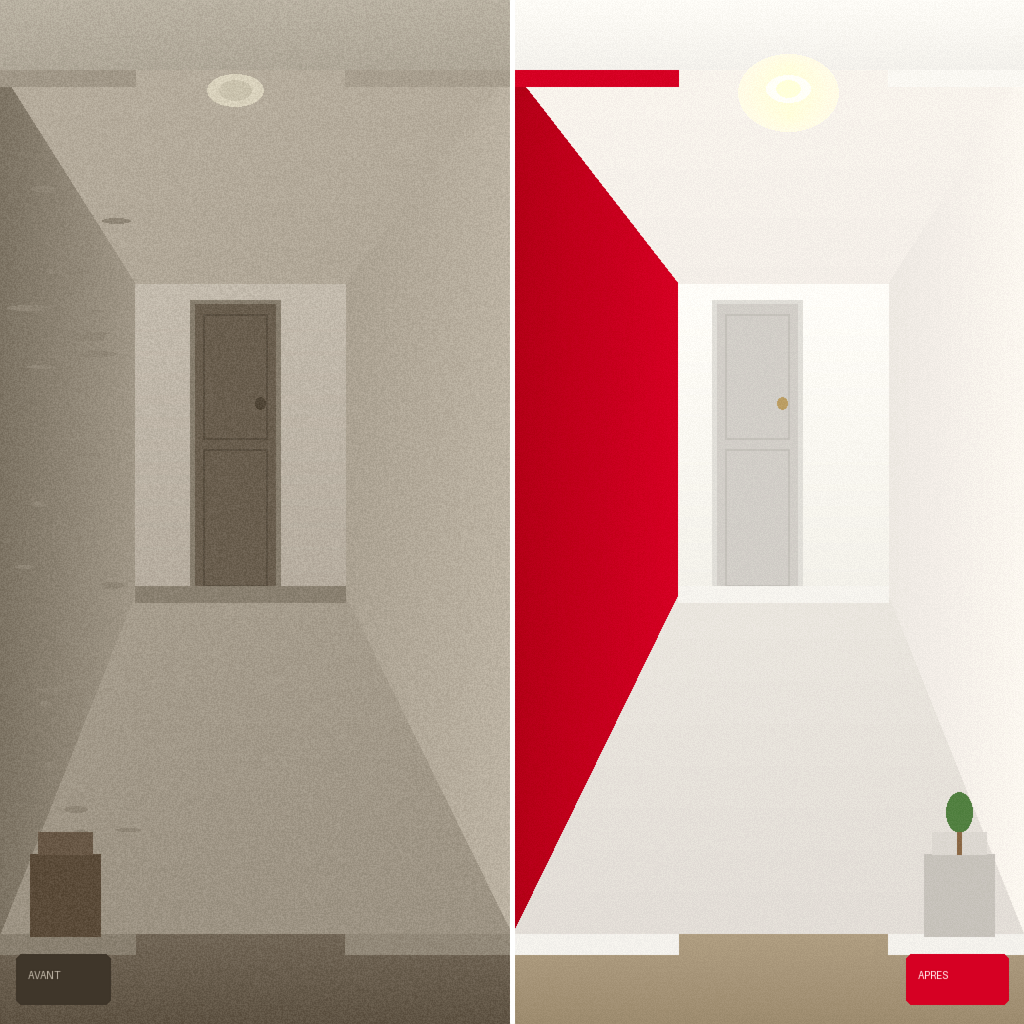 Before and after entrance hallway painting in Terrebonne — dull beige walls transformed to fresh white with red accent wall