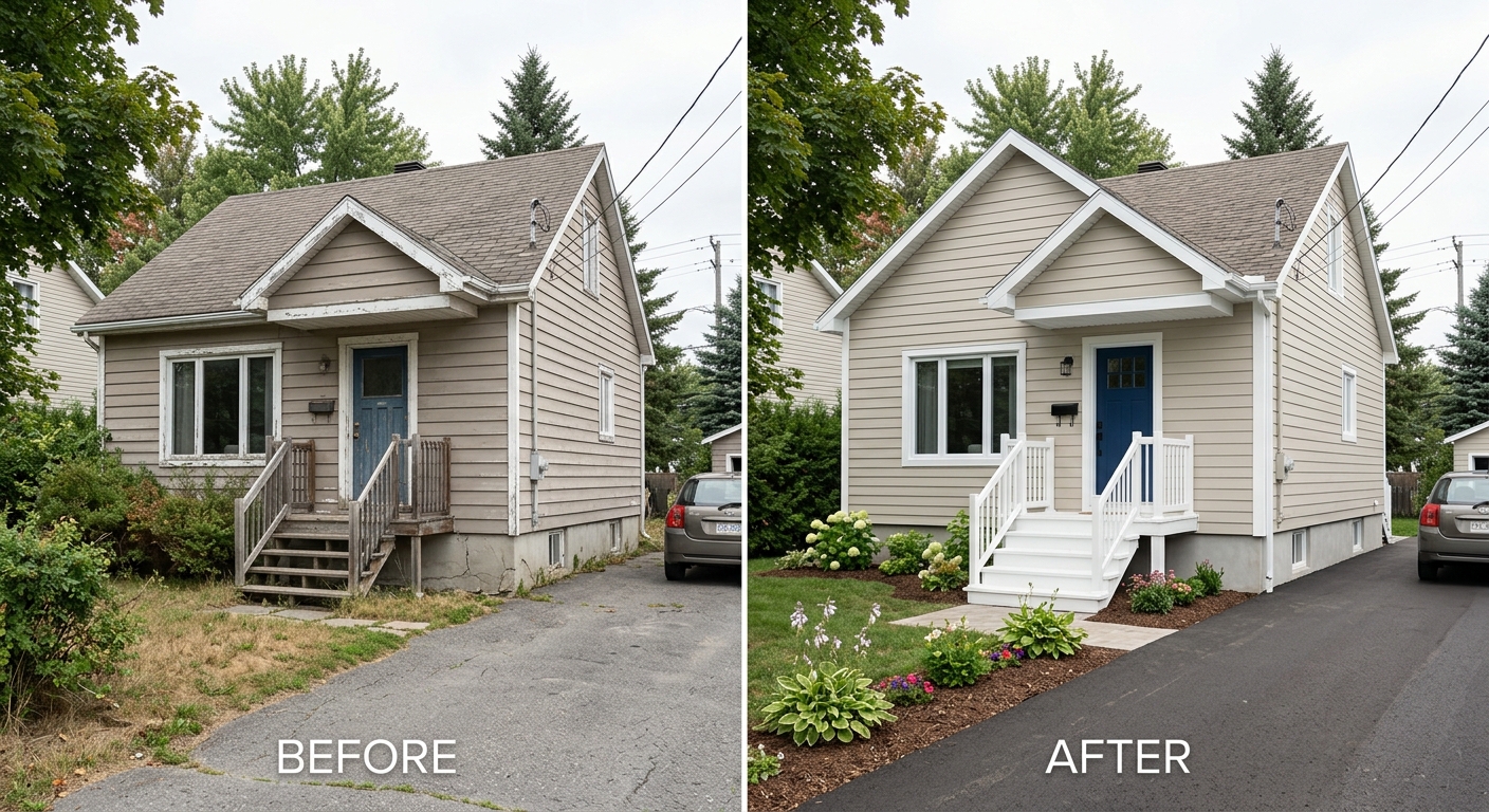 Avant apres peinture exterieure Terrebonne facade maison et cadrages