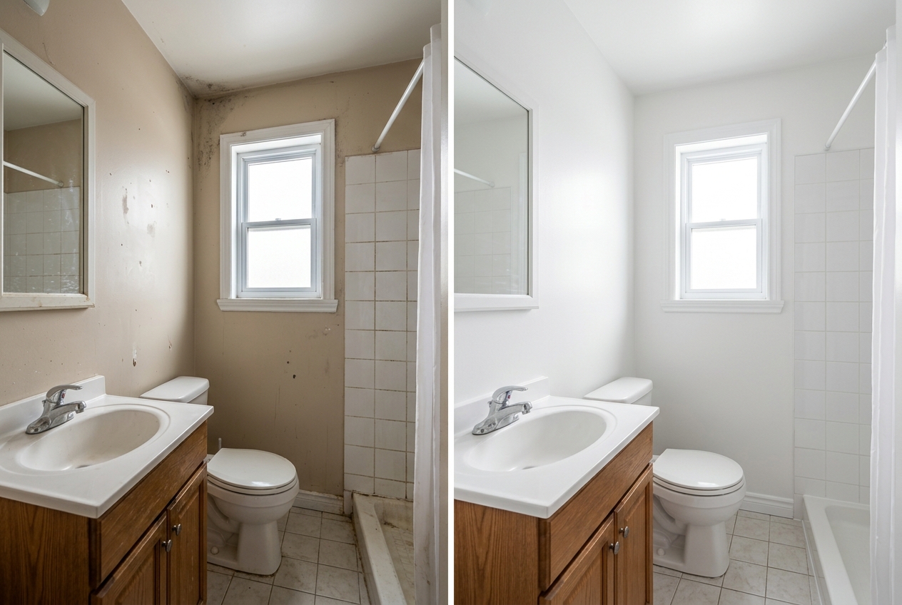 Avant apres peinture salle de bain Terrebonne blanc lumineux