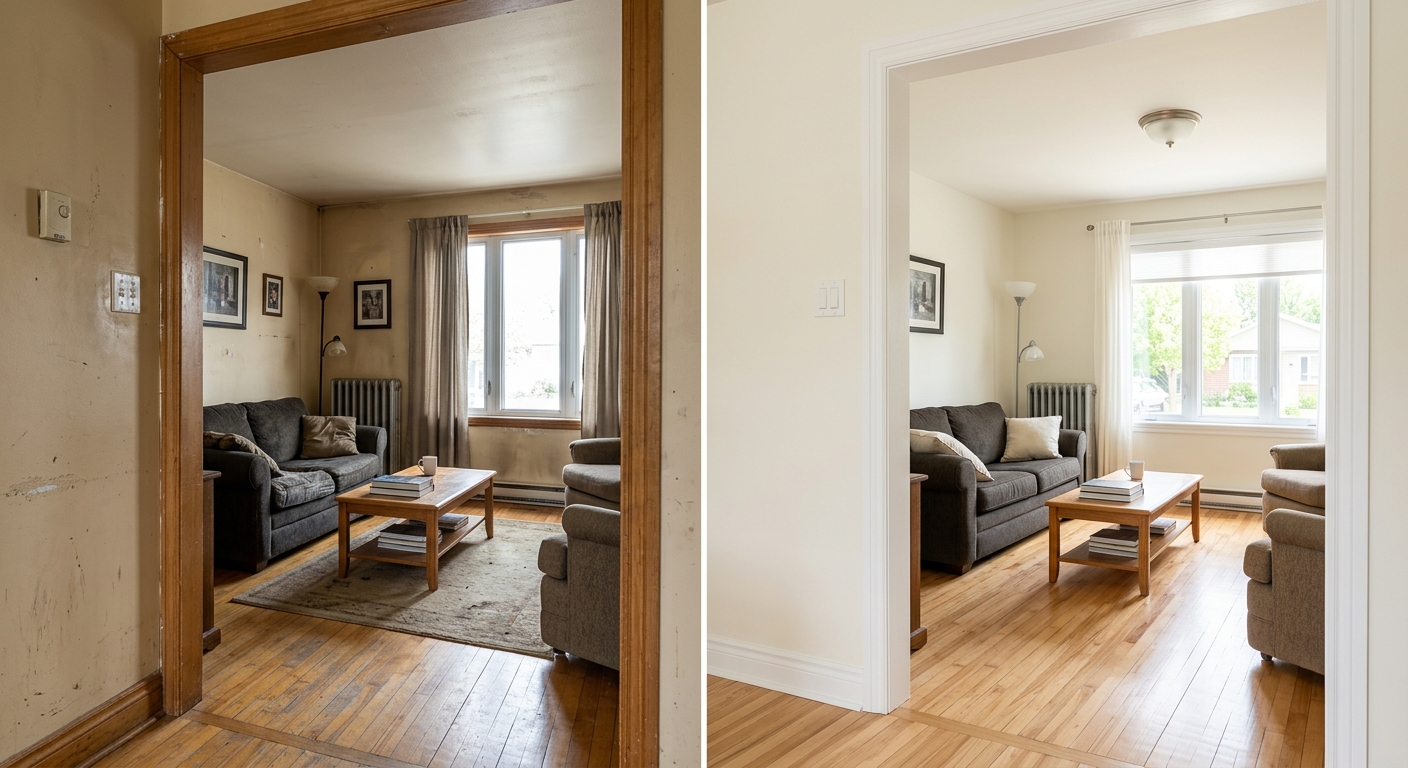 Avant apres peinture interieure Terrebonne salon murs repeints blanc chaud